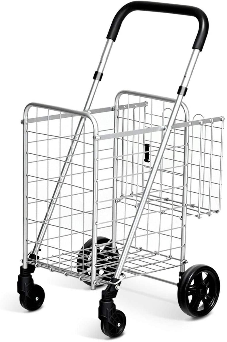 Goplus Carrito plegable para la compra, cesta doble y ruedas giratorias de 360°