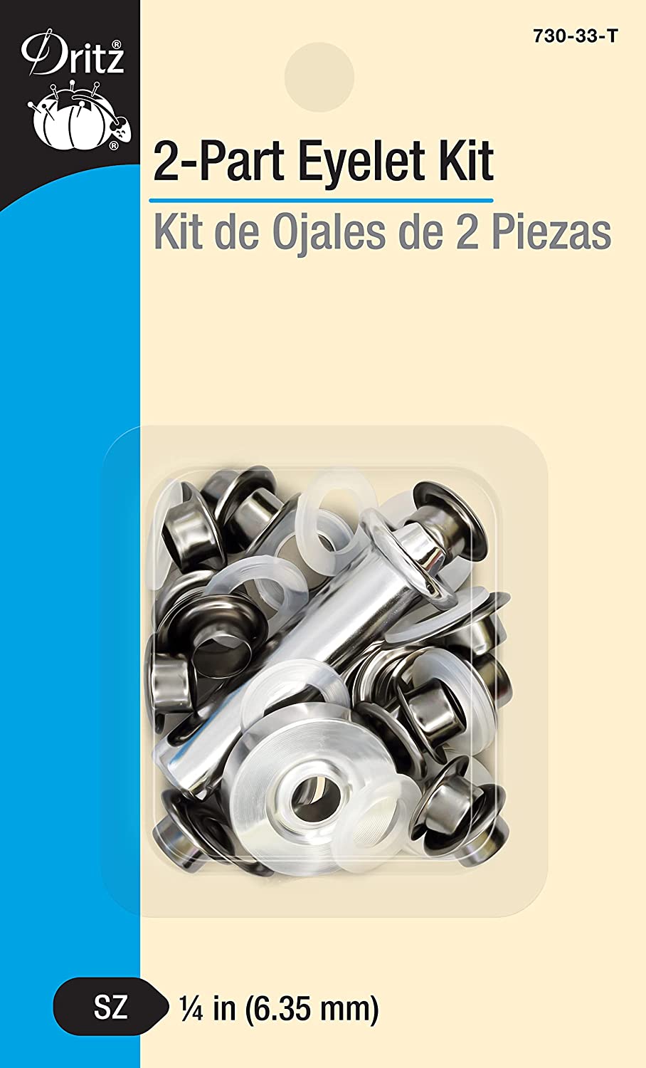 Dritz 730-33-T - Kit de ojales de 2 piezas con herramientas, color plomizo, 1/4 pulgada 15 unidades