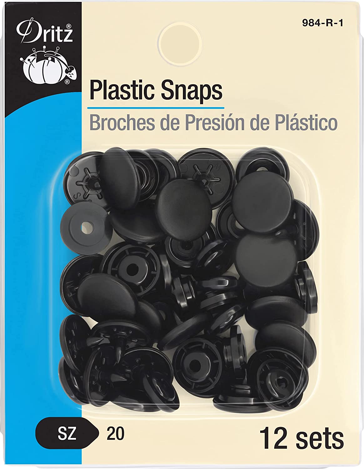 Dritz Broches de plástico, redondos, negro, tamaño 20, 12 unidades