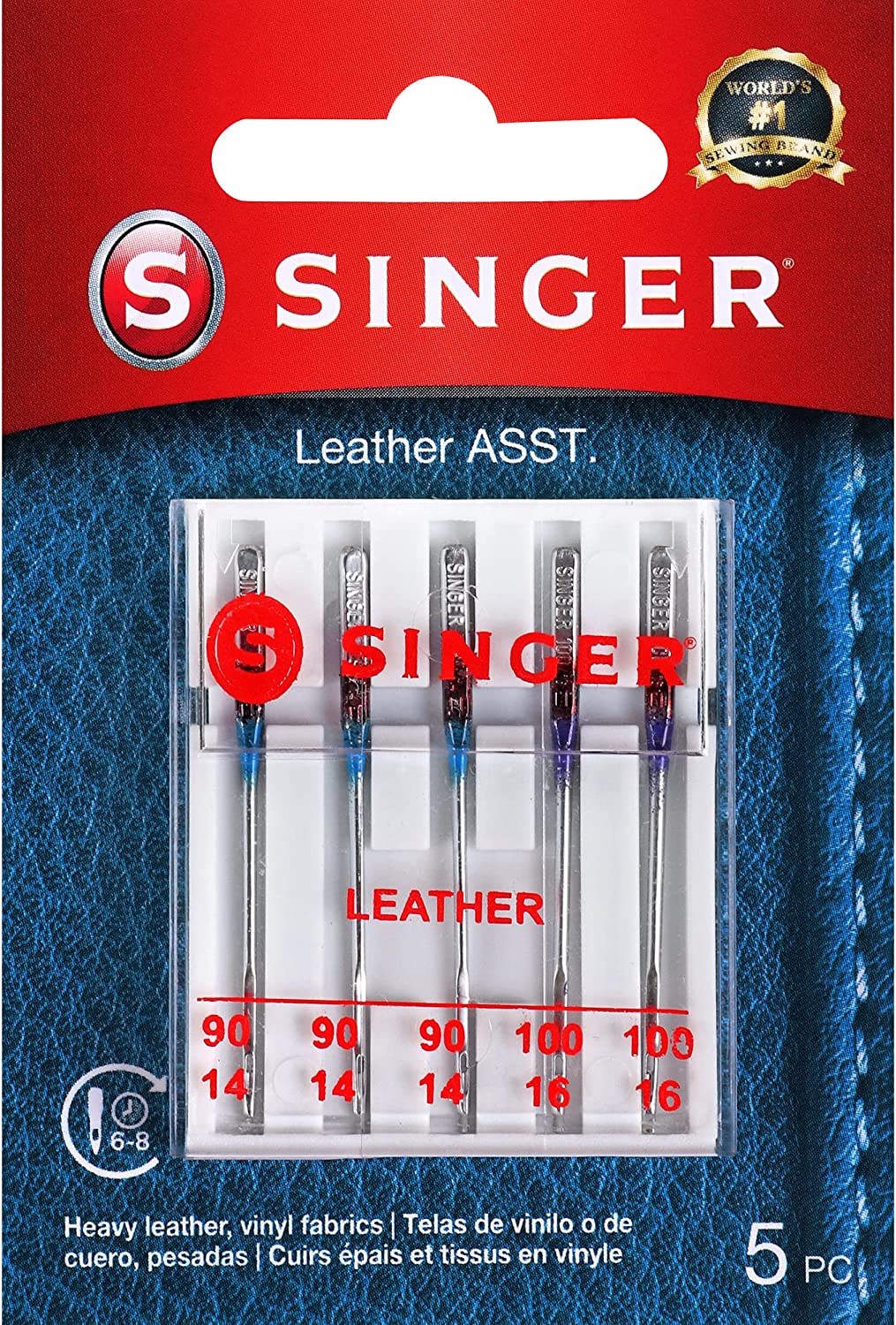 SINGER 5 Agujas para máquina de coser de cuero, tamaño 90/14, 100/16