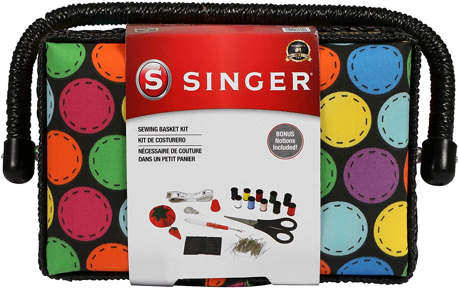 SINGER, pequeña cesta de costura a lunares con kit de accesorios de costura
