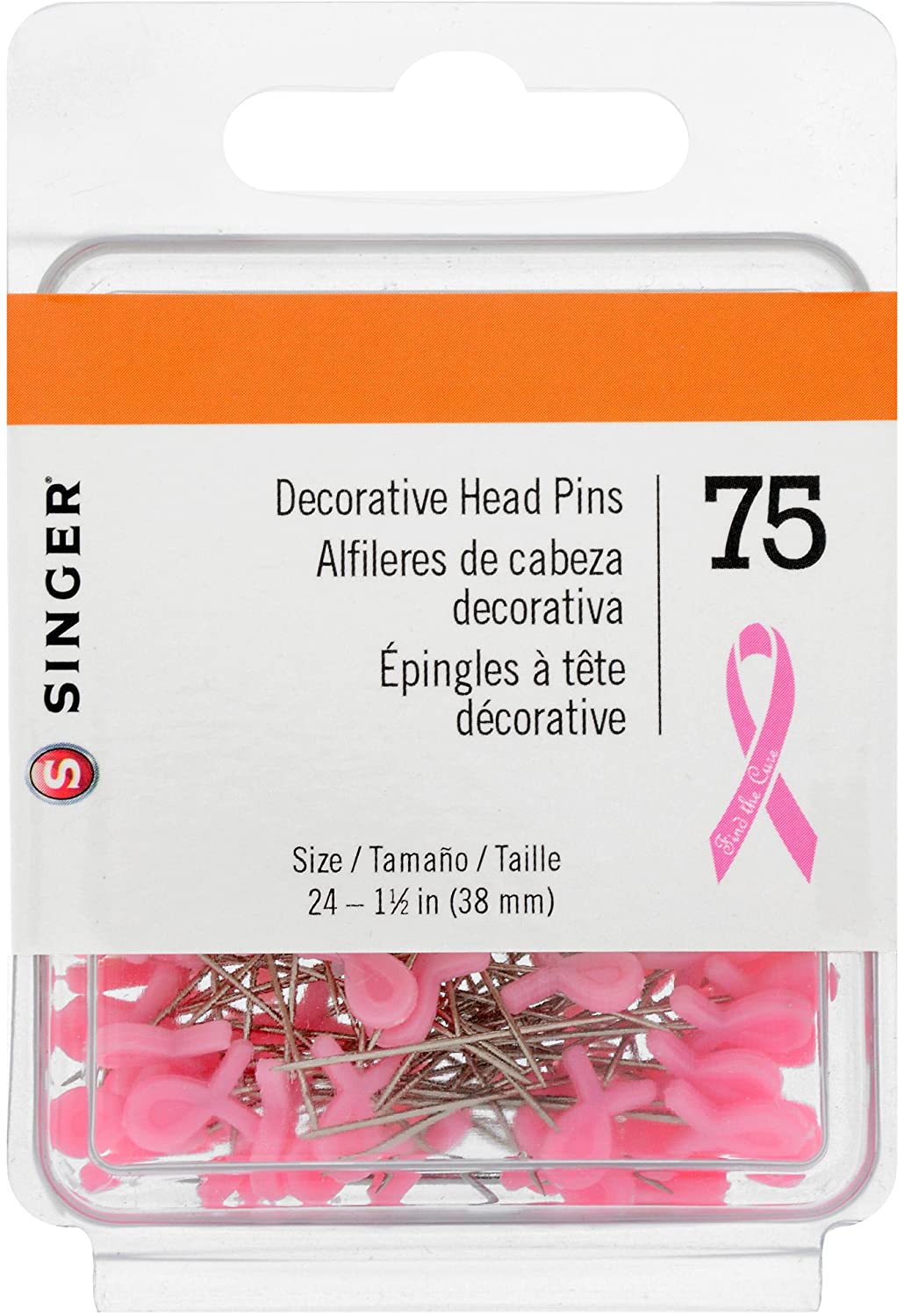 SINGER 00370 Alfileres rectos decorativos para concienciación del cáncer de mama, tamaño 24, 75 unid