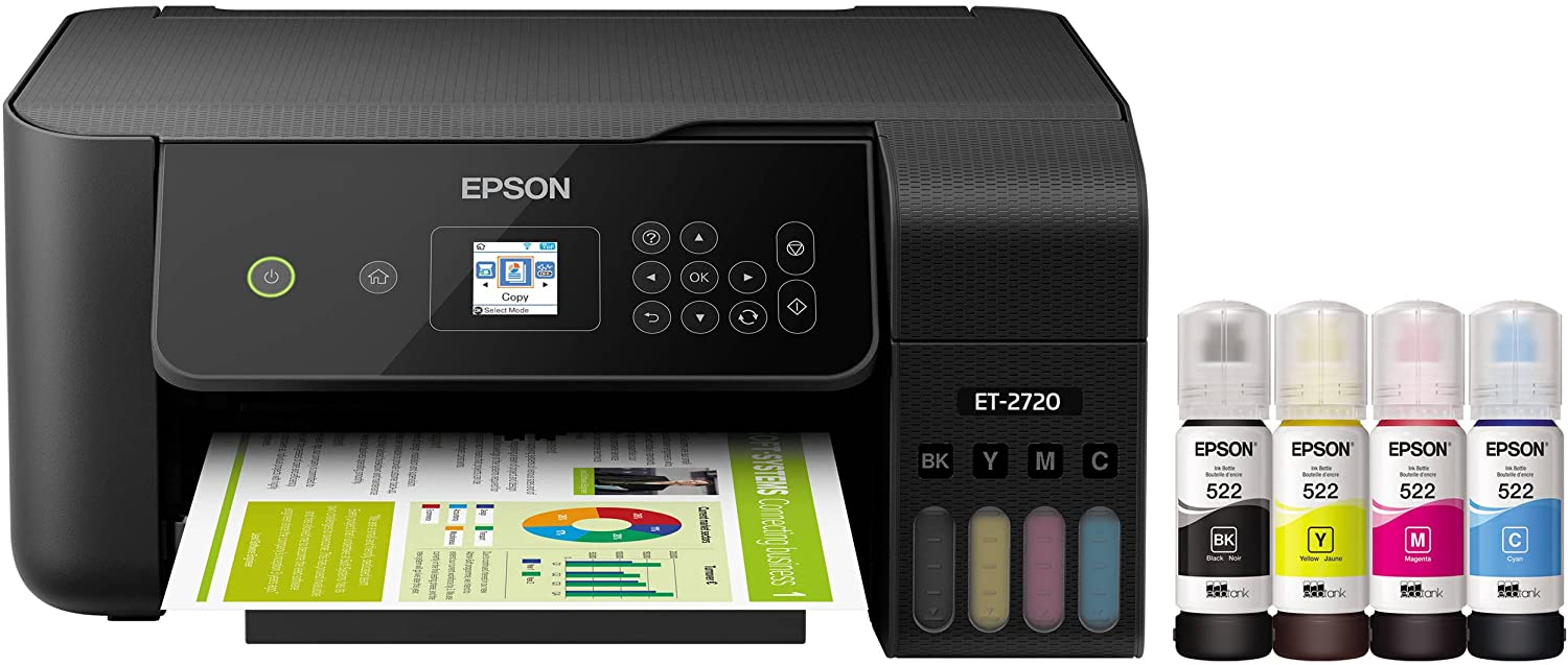 Epson EcoTank ET-2720 Impresora de inyección de tinta a color inalámbrica todo en uno, color negro, 